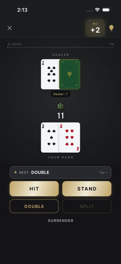 Blackjack Edge game table showing a live hand with the running count and the EV-optimal action: Double