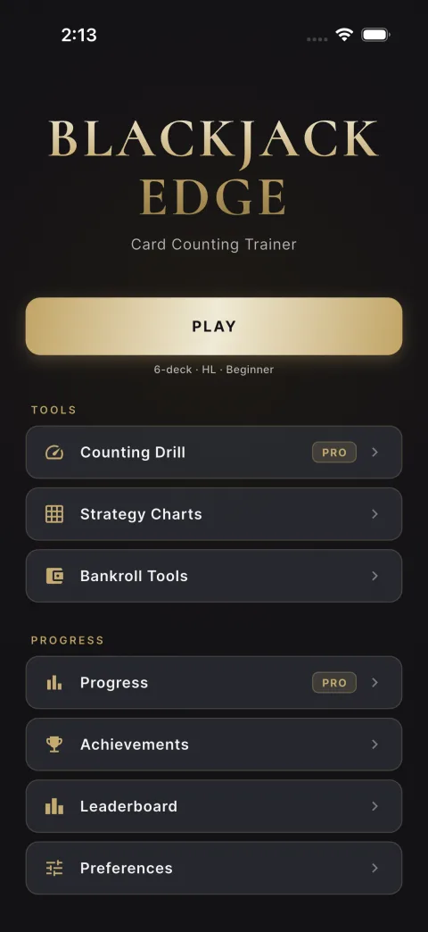 Blackjack Edge main menu with Counting Academy, Strategy Charts and Trip Planner