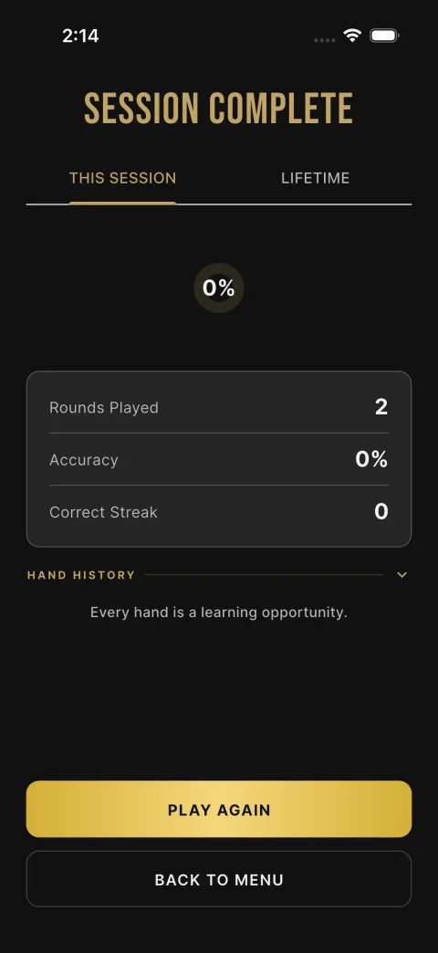 Drill summary screen with session accuracy, EV lost and per-decision review